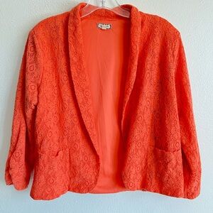 Eyeshadow Open Front 3/4 Sleeve Lace Overlay Blazer Jacket Orange Size L
